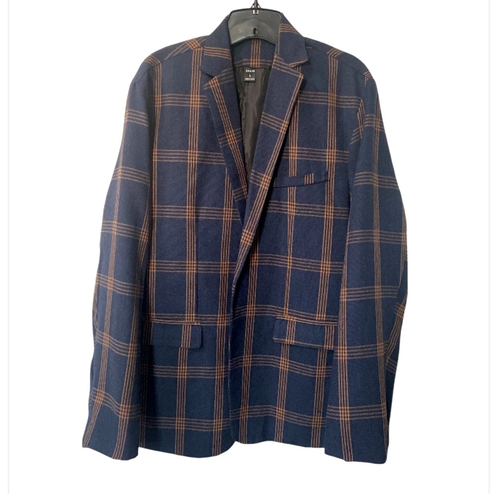 SHEIN Men's Check Plaid Single Button Blazer Navy Blue & Orange Size - L NWOT - Picture 3 of 9